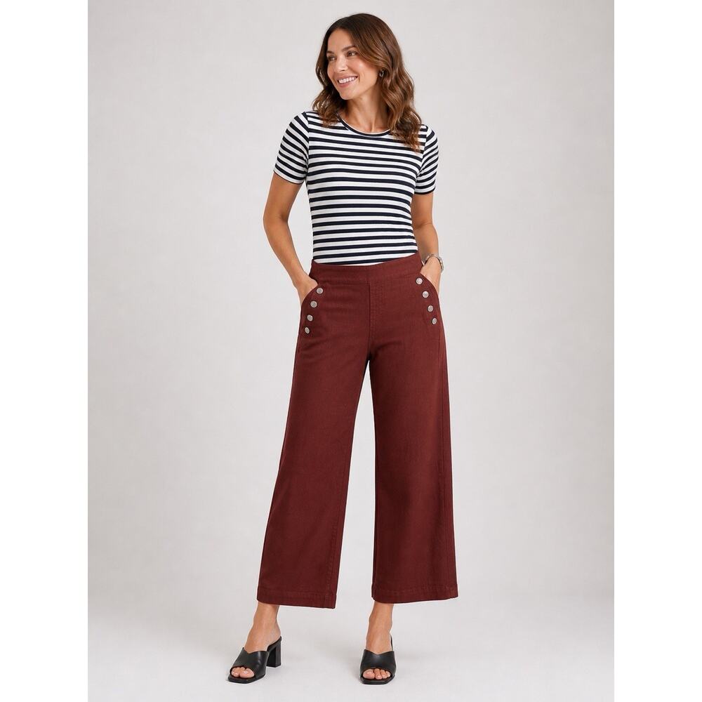 Chicos Pull On Wide Leg Ankle Jeans Sable Brown Sailor Button 2 US 12 Petite